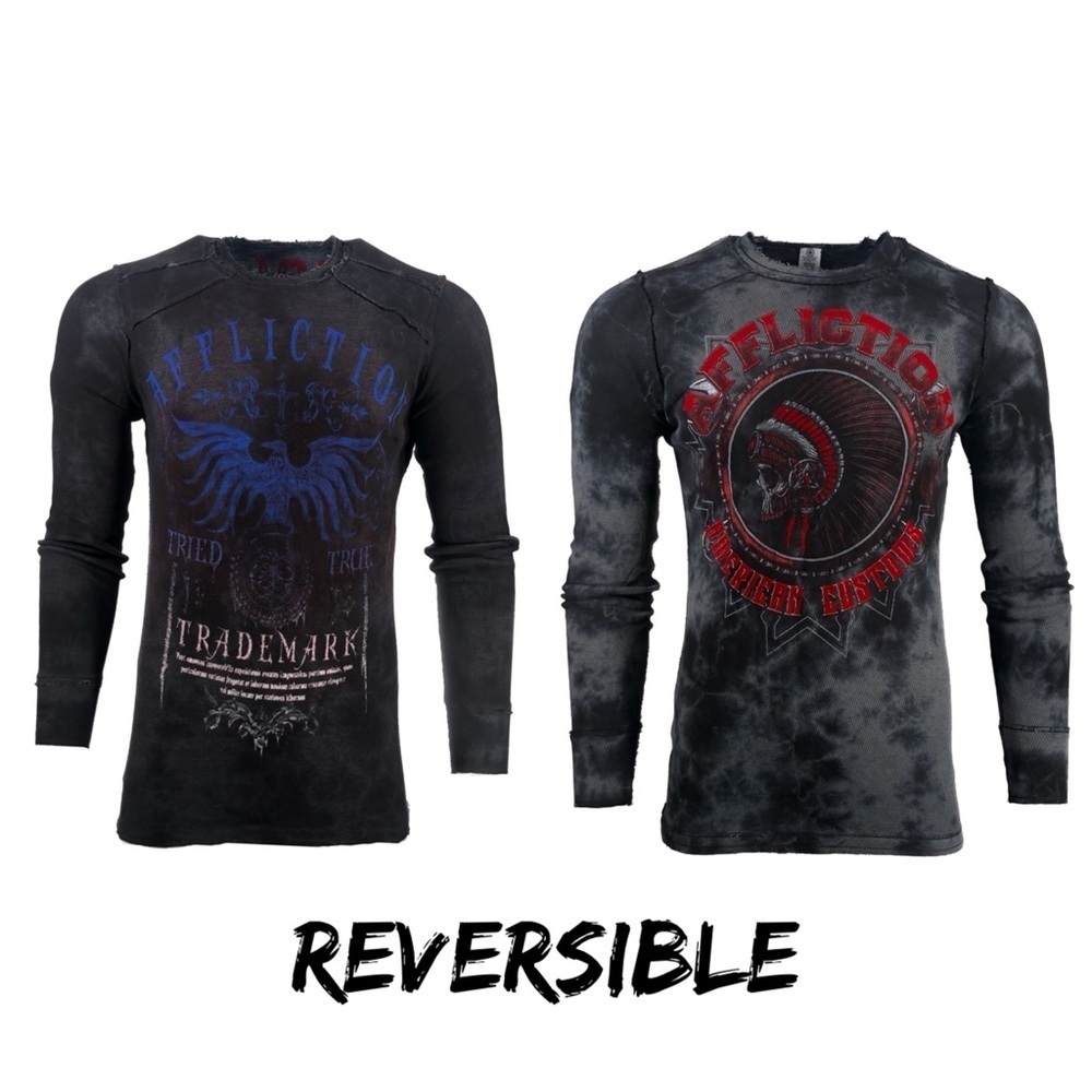 AFFLICTION Men's Long Sleeve Reversible Thermal Shirt. XXL skull bird distressed